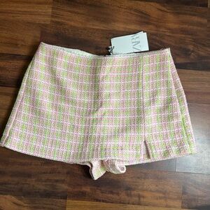 ZARA Pink Tweed Plaid Skort Shorts L Green Check Textured Bouclé Preppy Chic NWT